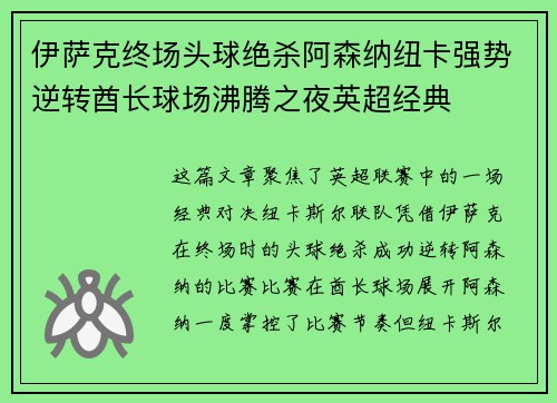 伊萨克终场头球绝杀阿森纳纽卡强势逆转酋长球场沸腾之夜英超经典